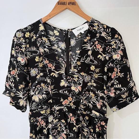 Ba&sh Floe Floral Midi Peasant Dress V Neck Short Sleeve Pleated - Picture 7 of 12